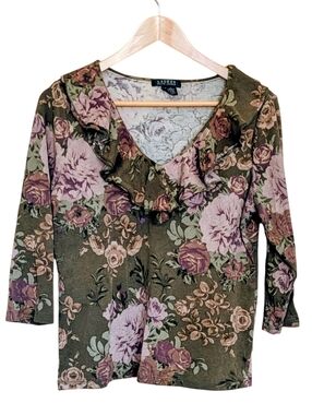 Lauren Ralph Lauren Olive Floral Ruffle V-Neck Blouse with Pink Roses XL Cottage